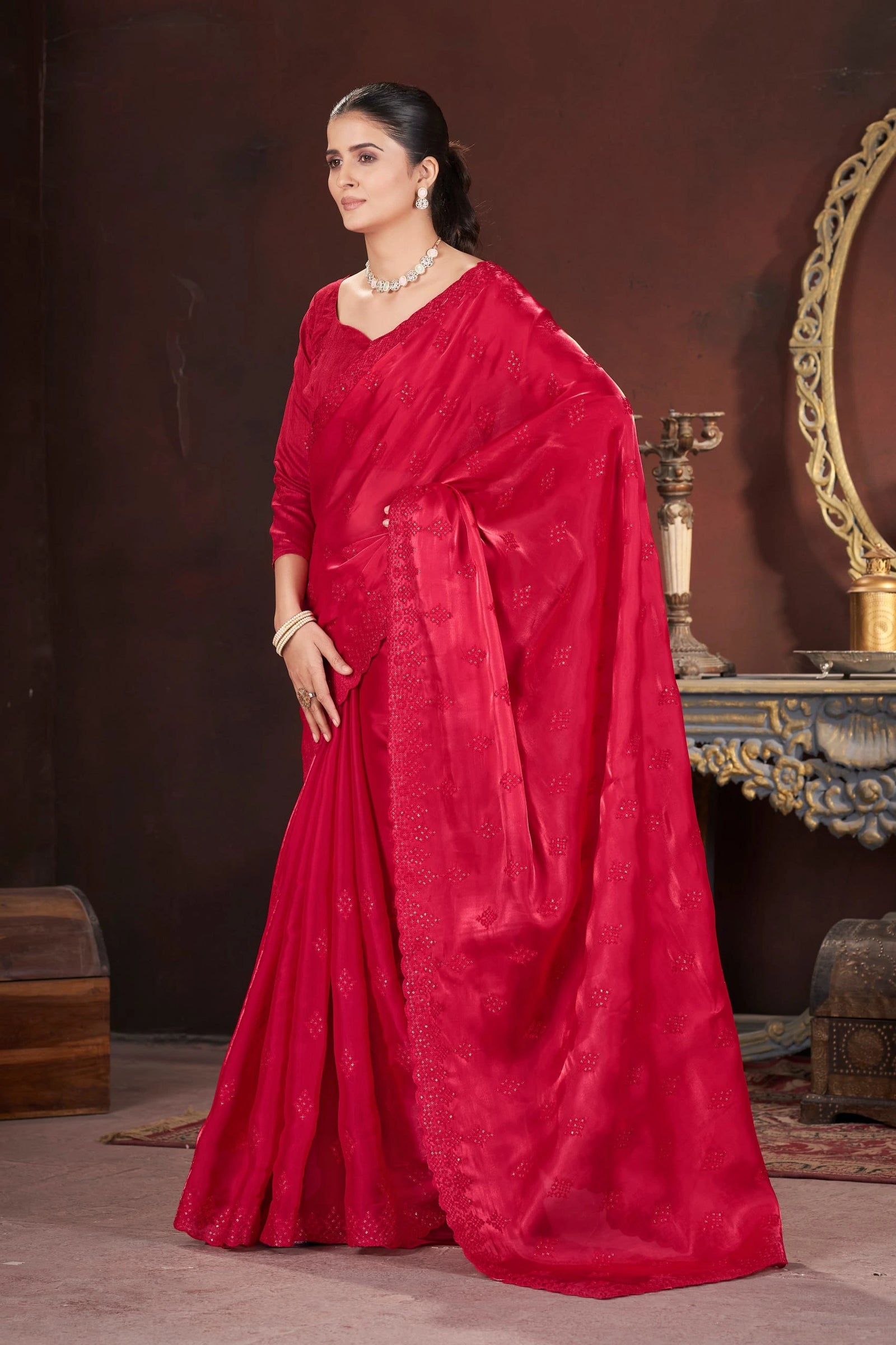 Red Sequins Embroidered Saree full front – KS377
