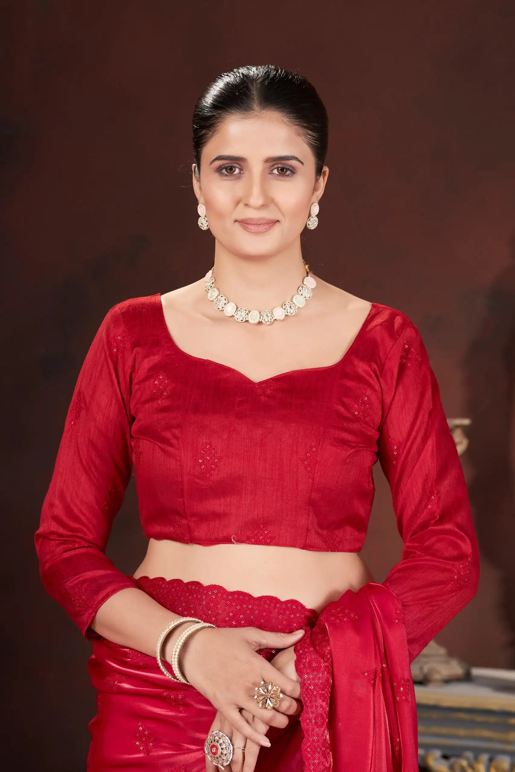 Red Sequins Saree back pallu view – KS377