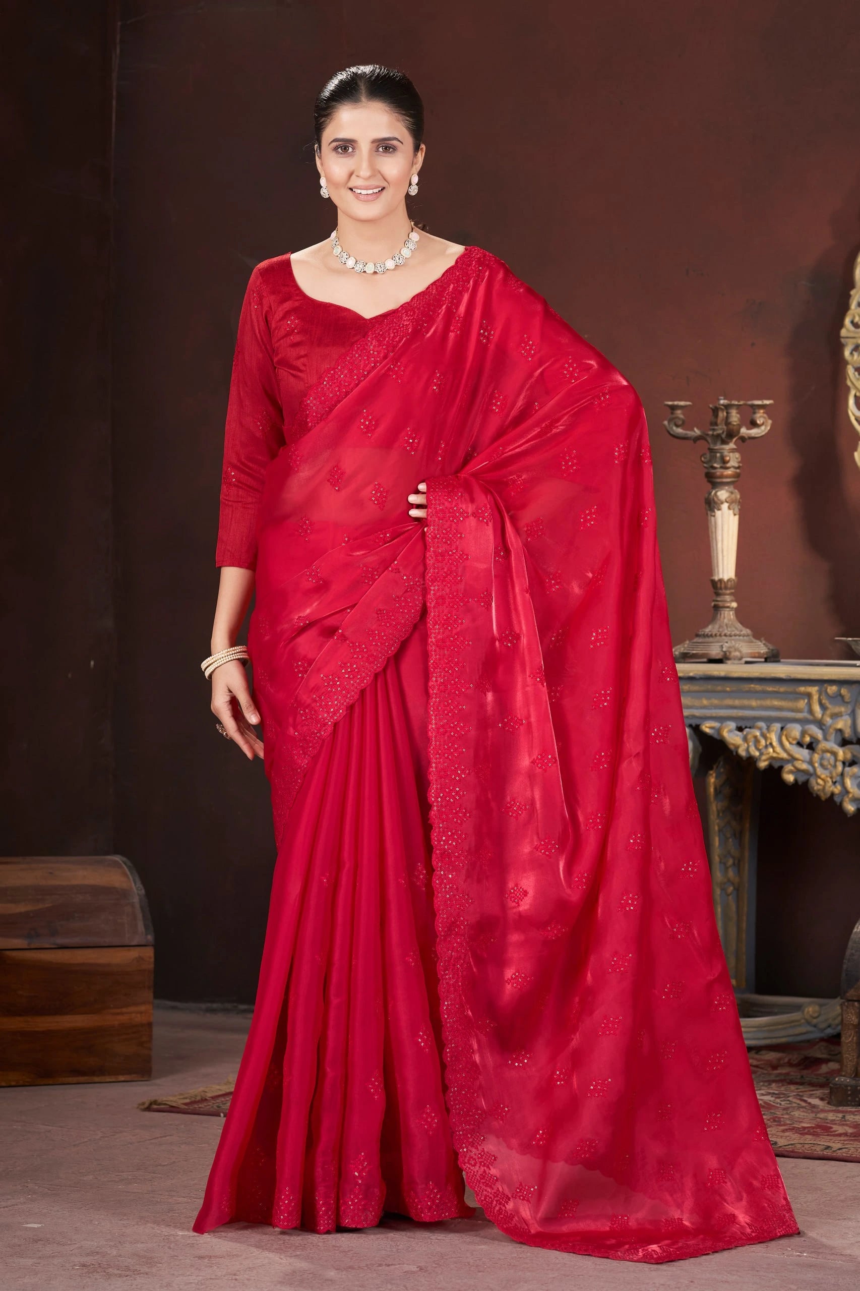 Red Embroidered Saree portrait – KS377