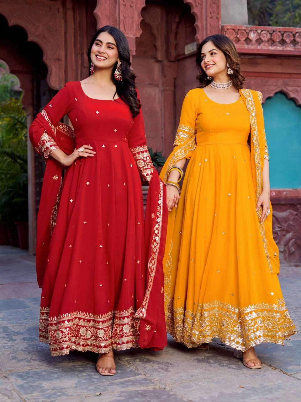 Red and Mustard Yellow Sequins Anarkali Suit Both Colors Kalyanja KU277
