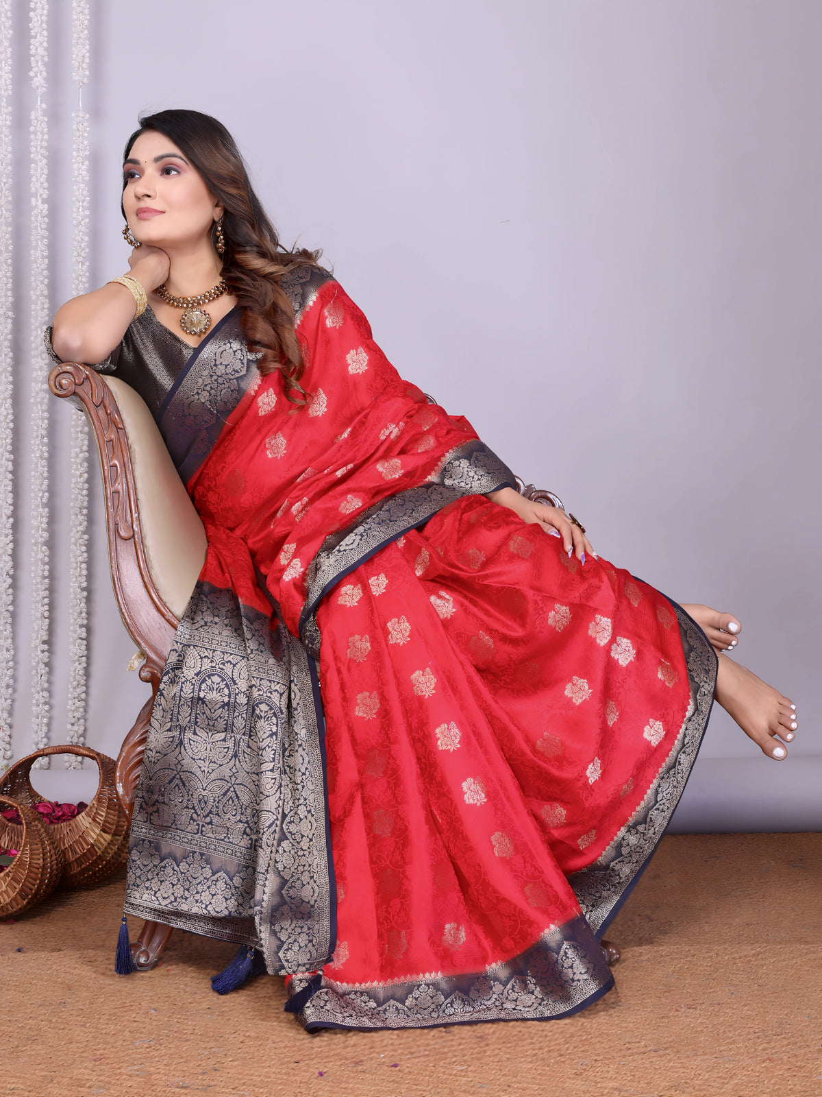 Red Black Zari Weaving Satin Silk Saree