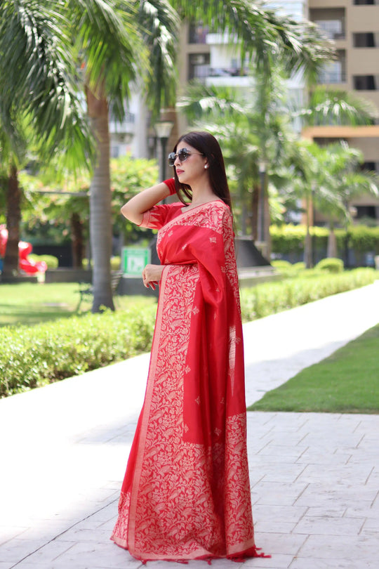 A red handloom silk saree featuring intricate traditional weaving, elegantly displayed in an outdoor setting.