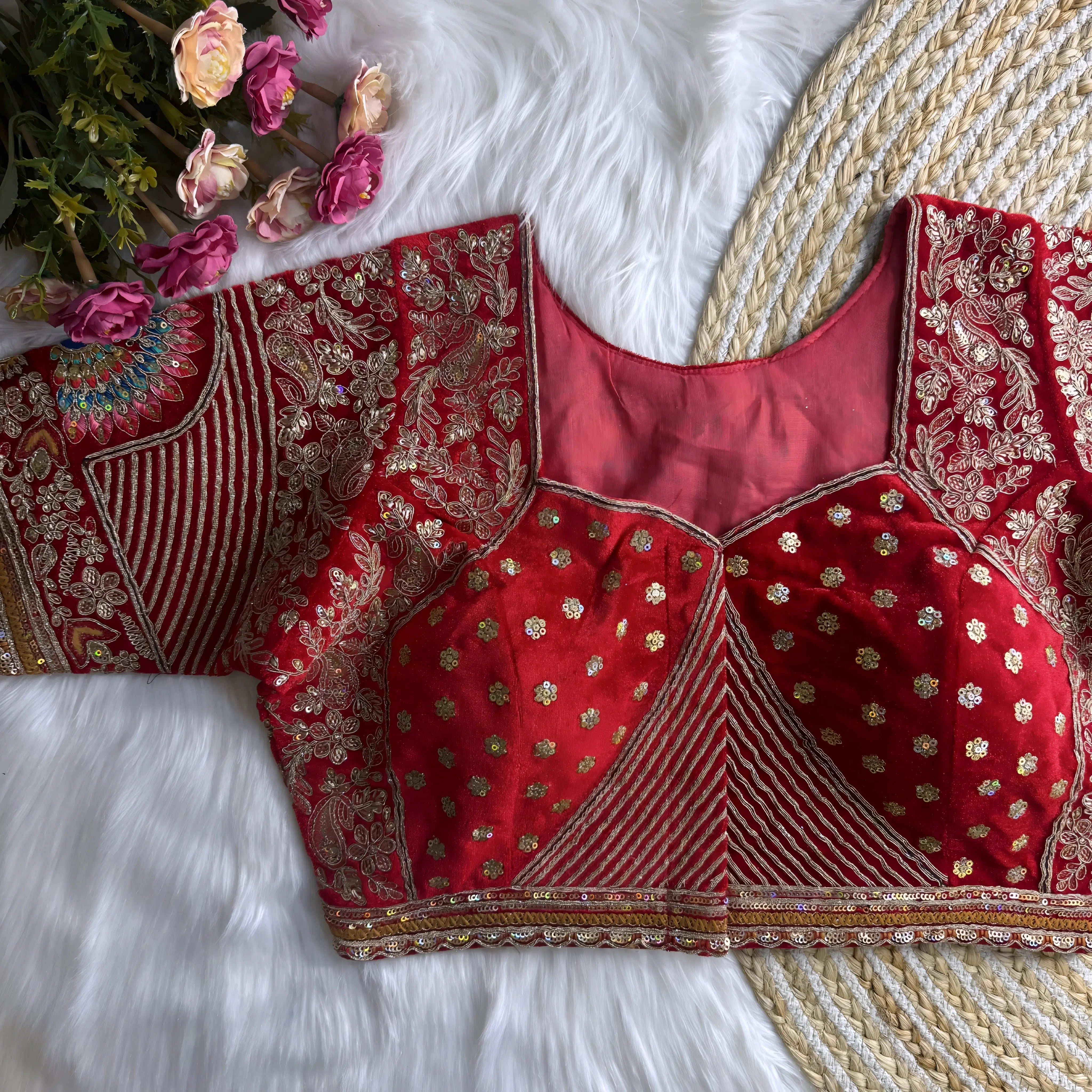 Traditional red silk blouse featuring intricate gold zardosi embroidery with floral and leaf motifs, sequin polka dots, striped geometric panels, and a multicolor peacock feather design on the sleeve, displayed flat on a white fur surface with a braided mat and artificial pink flowers in the corner.