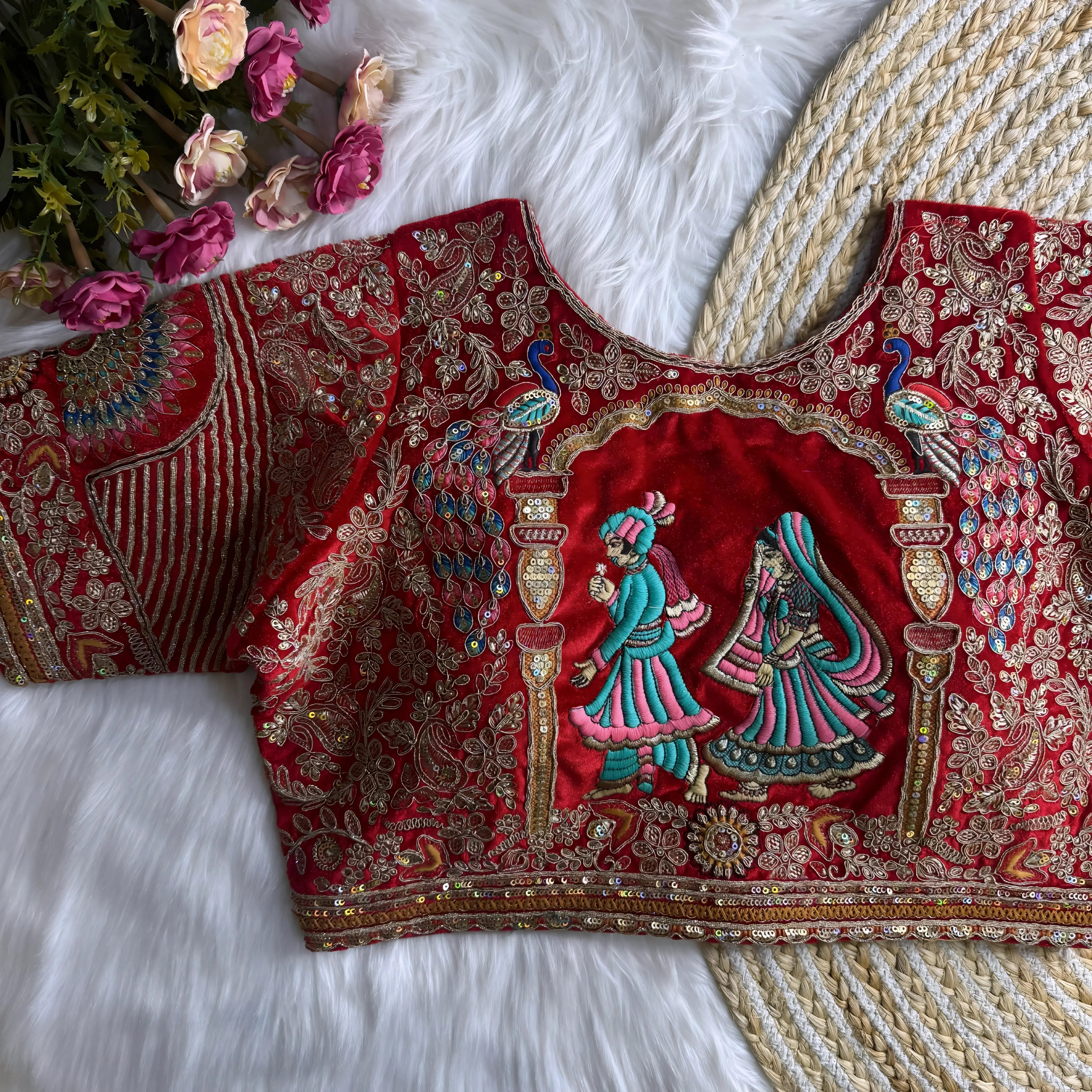 Traditional red silk blouse featuring intricate gold zardosi embroidery with floral and leaf motifs, sequin polka dots, striped geometric panels, and a multicolor peacock feather design on the sleeve, displayed flat on a white fur surface with a braided mat and artificial pink flowers in the corner.
