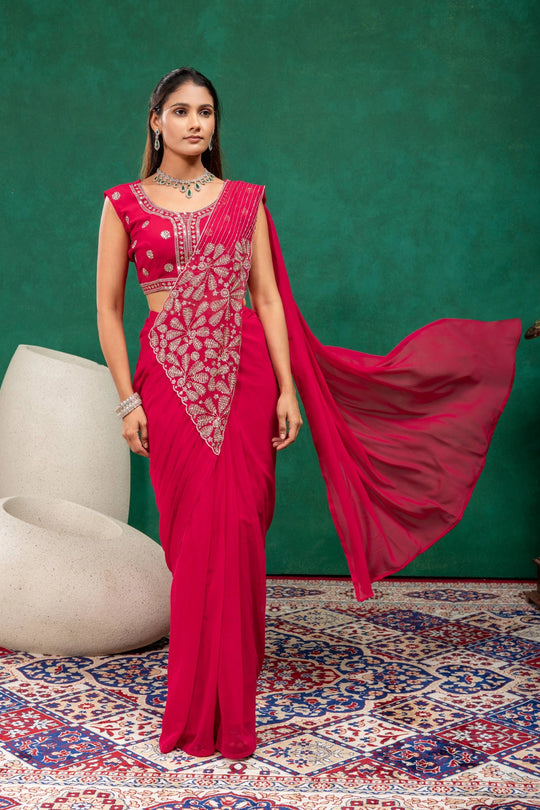 Red Zari Embroidered With Beads Work Faux Georgette Saree KS394 full front drape