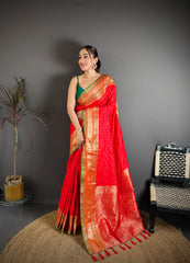Red Zari Weaving Saree full front drape – KS373