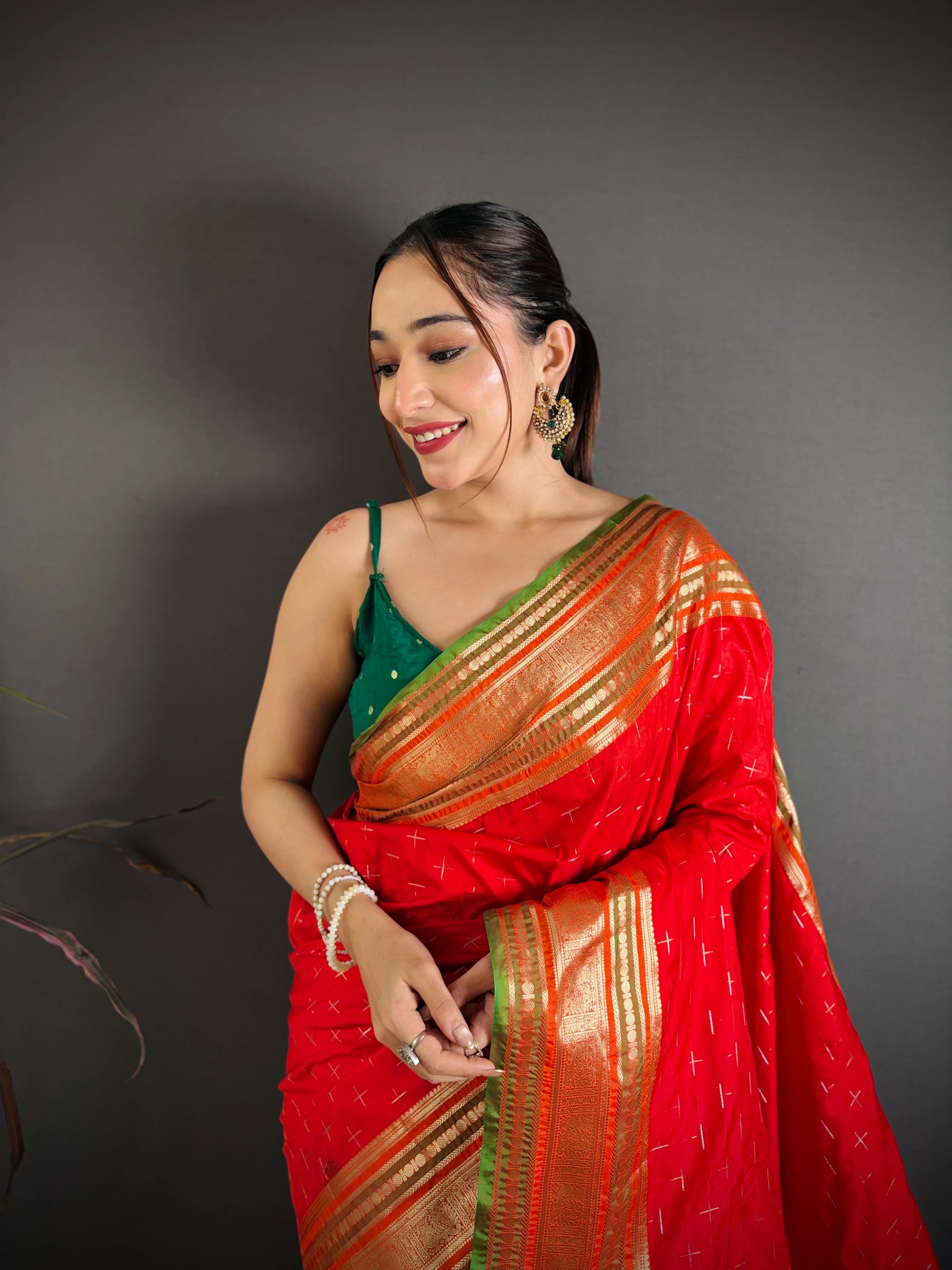 Red Silk Blend Saree portrait close-up – KS373