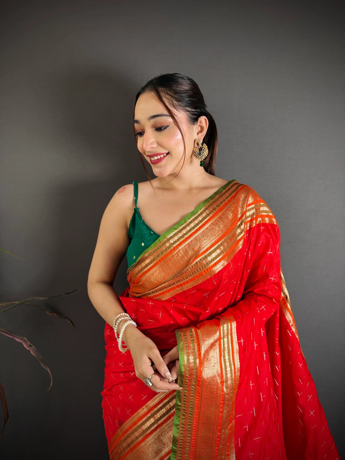Red Silk Blend Saree portrait close-up – KS373