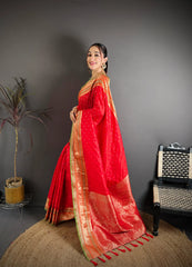 Red Zari Weaving Saree three-quarter view – KS373