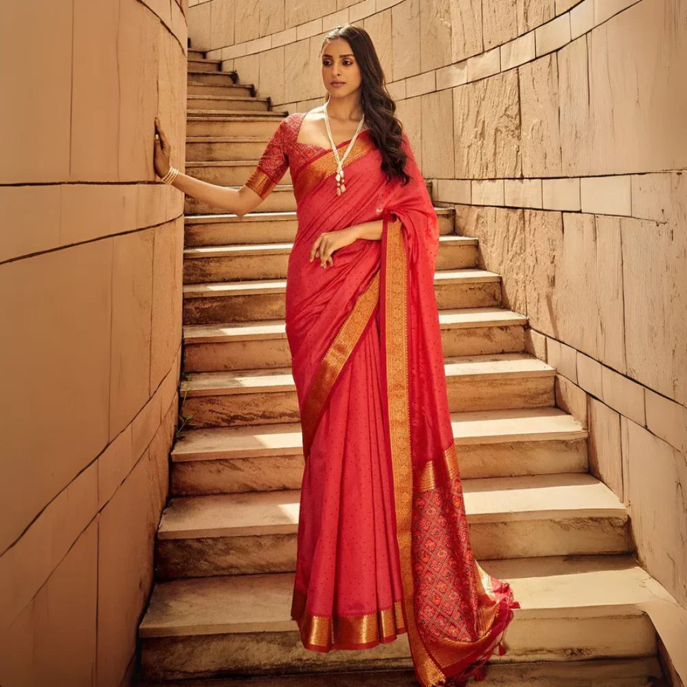 Woman wearing a red saree with detailed zari work and matching embroidered blouse, showcasing traditional Indian ethnic fashion on stone staircase backdrop