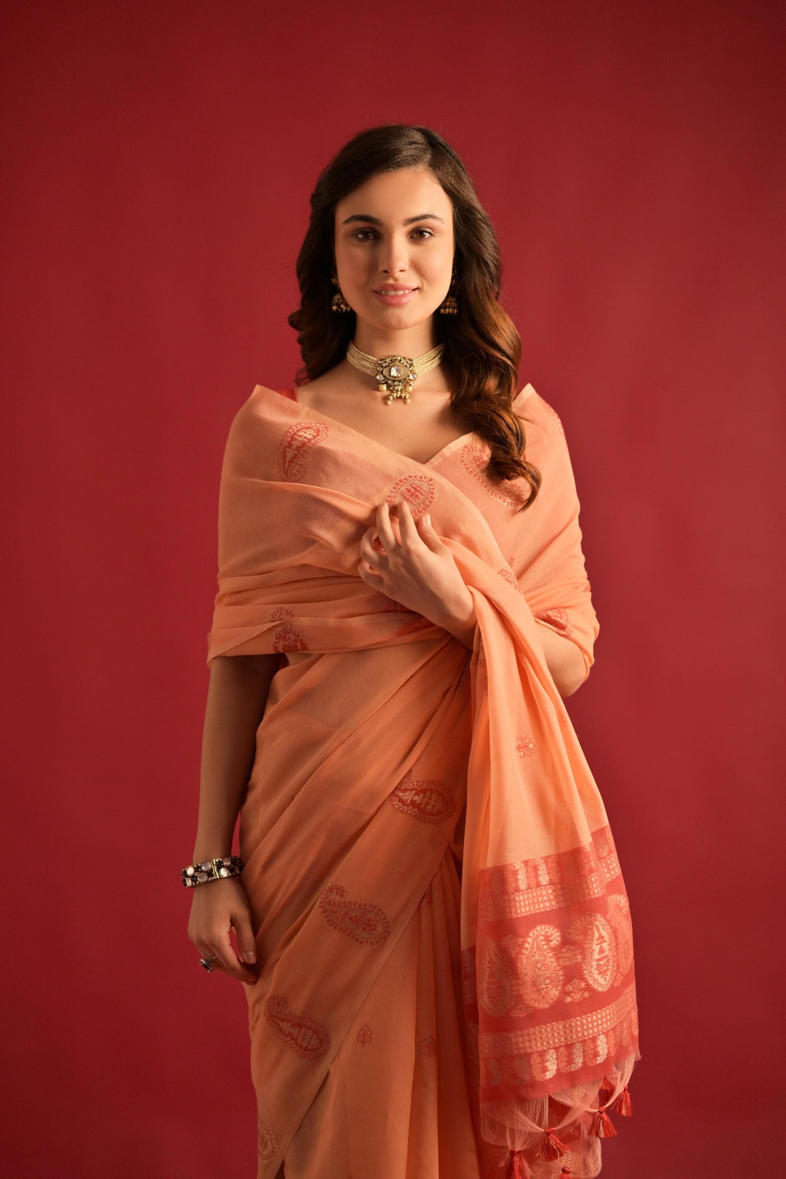 Soft Peach Resham Weaving Soft Mul Cotton Saree