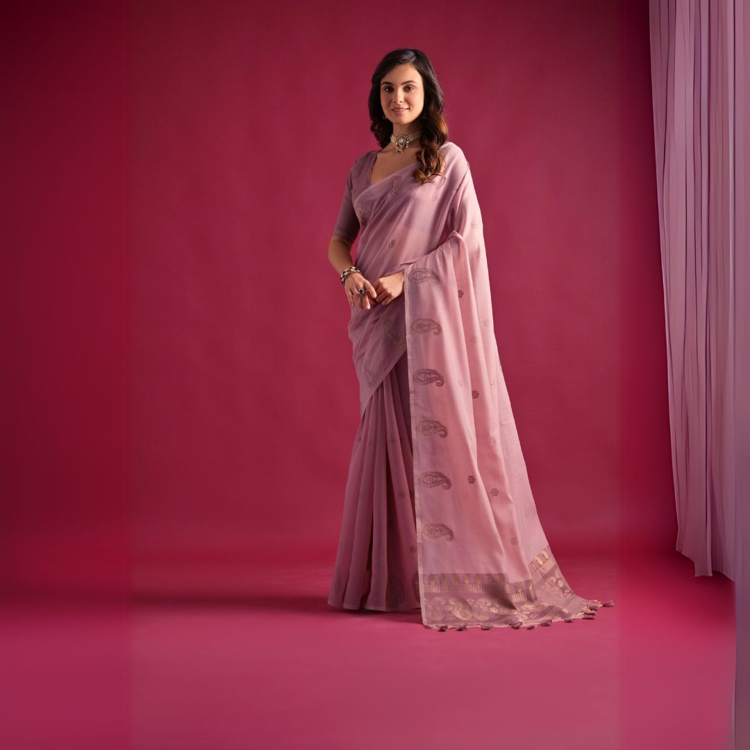 Soft Pink Resham Weaving Soft Mul Cotton Saree