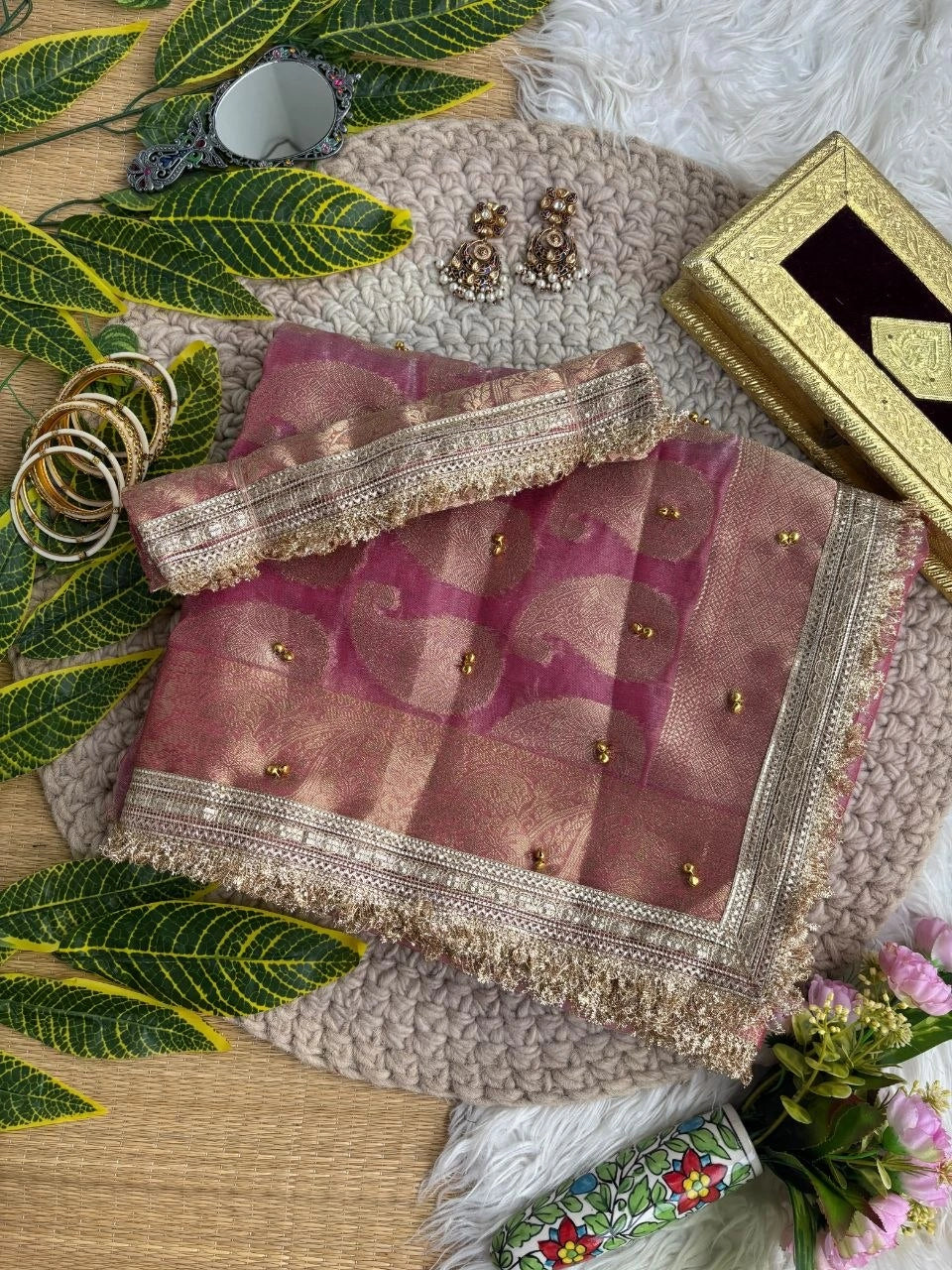 Rose Pink Hand Ghungroo Weaving Saree – Banarasi Satin Silk KS405