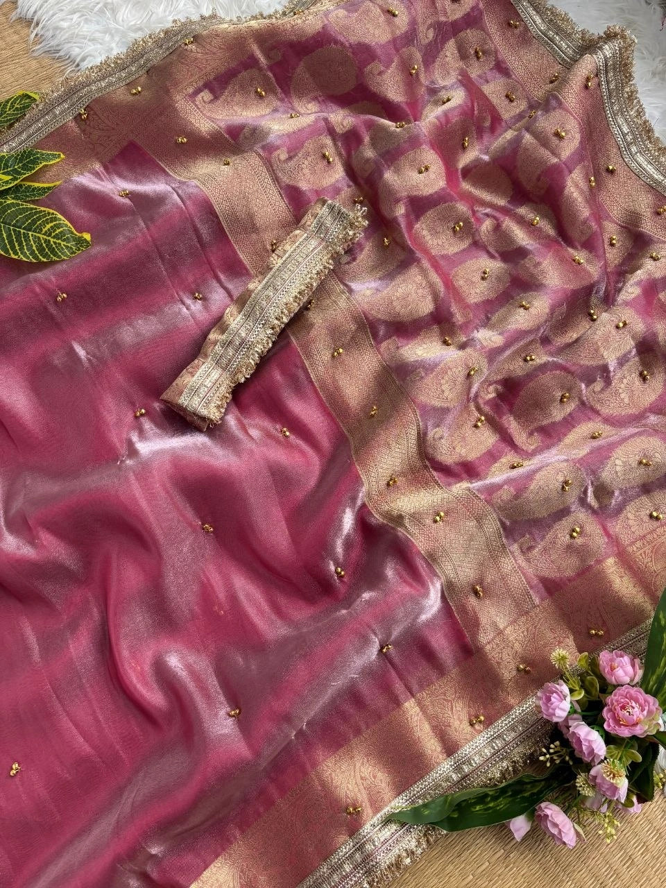 Rose Pink Banarasi Satin Silk Saree – Woven Pallu KS405