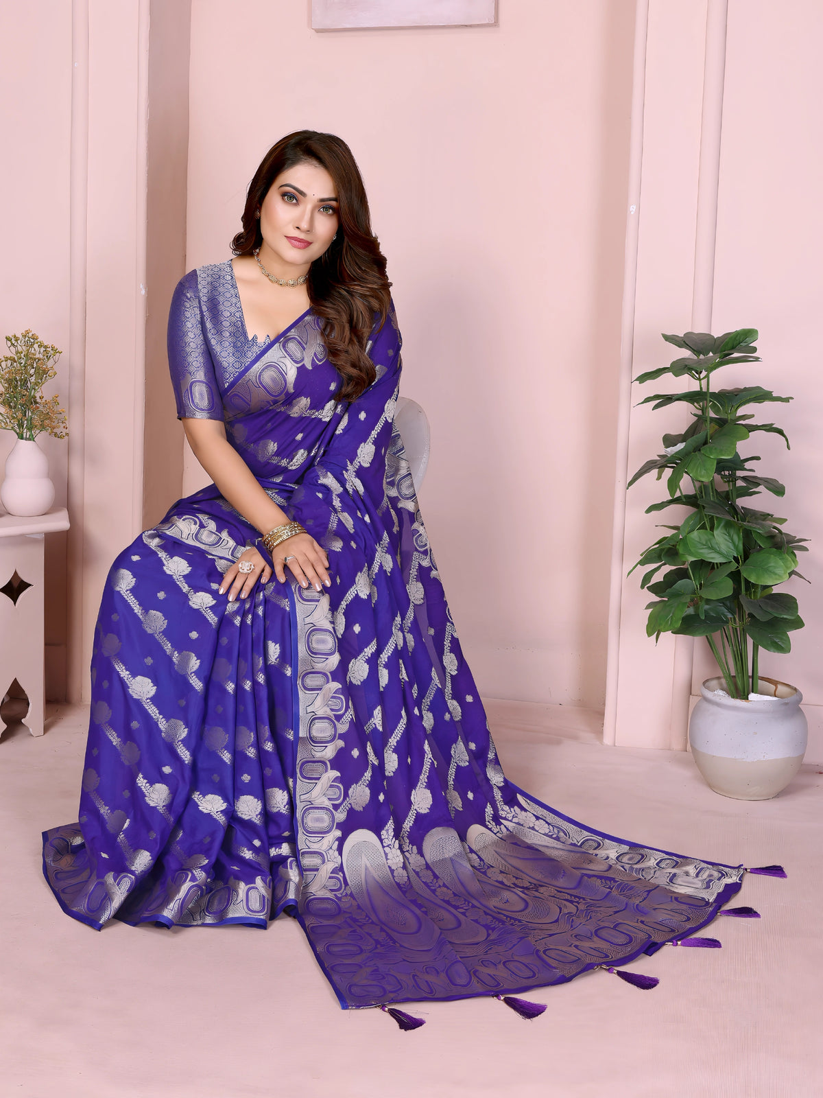 Navy Blue Zari Weaving Soft Georgette Banarasi Silk Saree