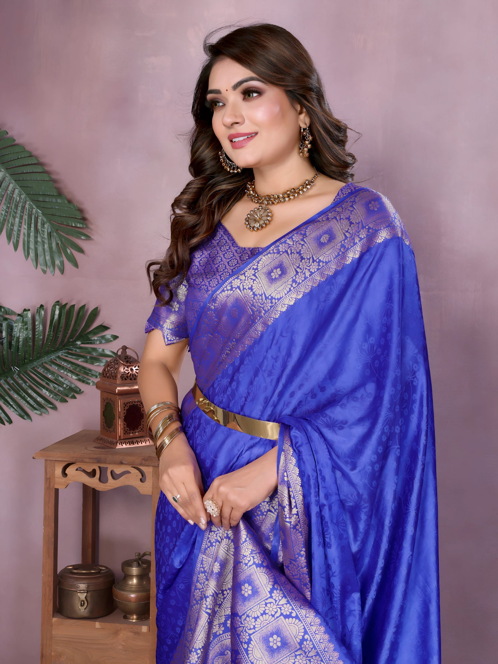 Blue Soft Satin Silk Zari Weaving Saree