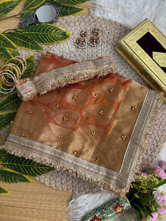 Rust Orange Hand Ghungroo Weaving Saree – Banarasi Satin Silk KS405
