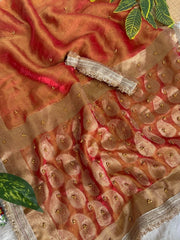 Rust Orange Banarasi Saree Ghungroo Weaving – Kalyanja KS405