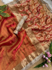Rust Orange Banarasi Satin Silk Saree – Woven Pallu KS405