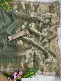 Sage Green Hand Ghungroo with Weaving Saree – Soft Banarasi Satin Silk