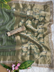 Sage Green Hand Ghungroo Weaving Saree – Banarasi Satin Silk KS405