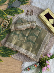 Sage Green Ghungroo Saree – Zari Border Detail KS405