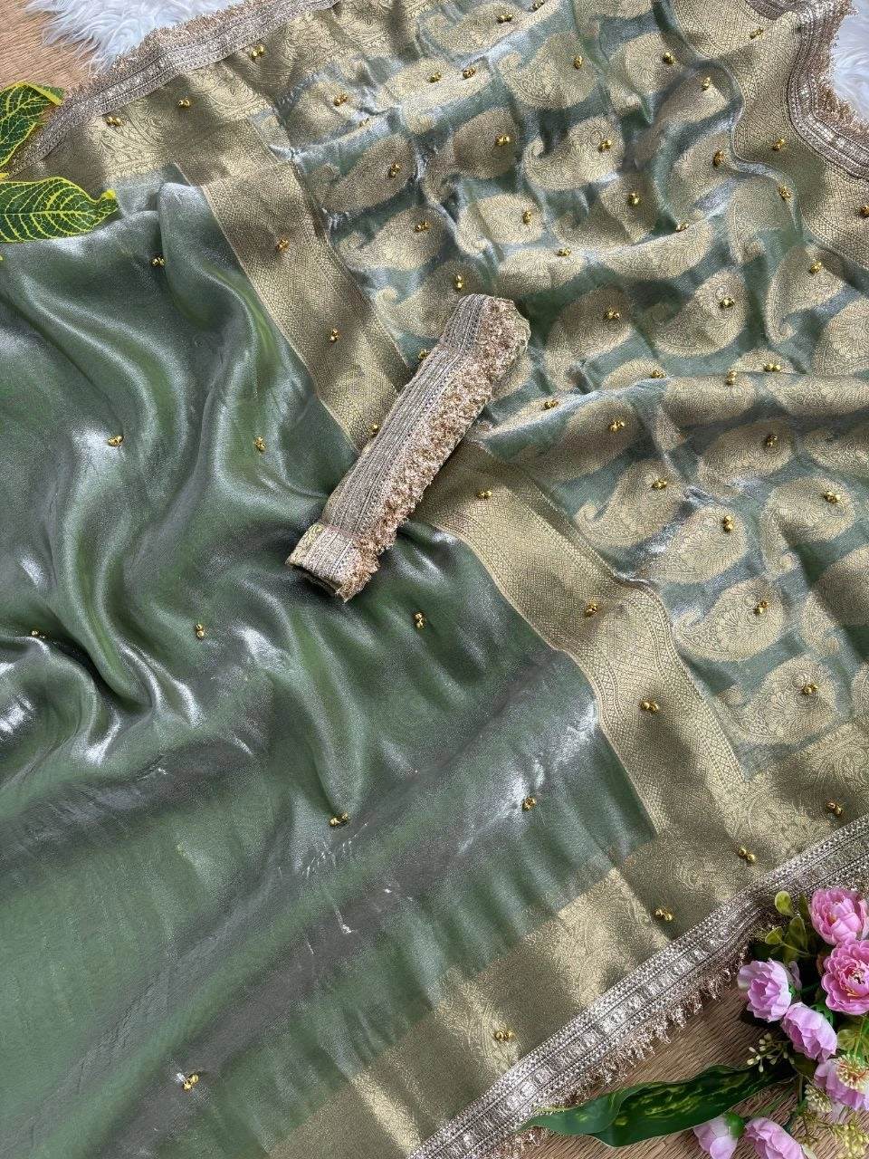 Sage Green Banarasi Satin Silk Saree – Woven Pallu KS405