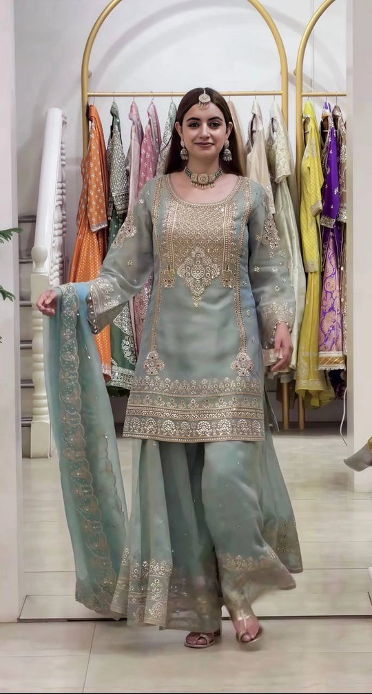 Sage Green Sequins Sharara Suit model portrait shot 4 – Kalyanja KU305