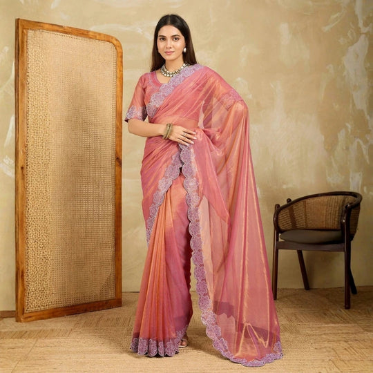 Pink Swarovski Work Fendy Soft Net Saree – Kalyanja
