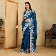 Navy Blue Embroidery Sequins Work Rangoli Silk Saree