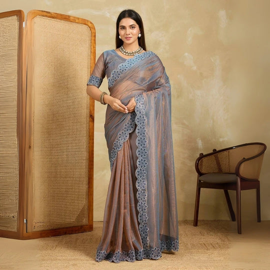 Brown Swarovski Work Fendy Soft Net Saree – Kalyanja
