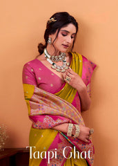 Mustard Yellow Floral Print Linen Silk Saree