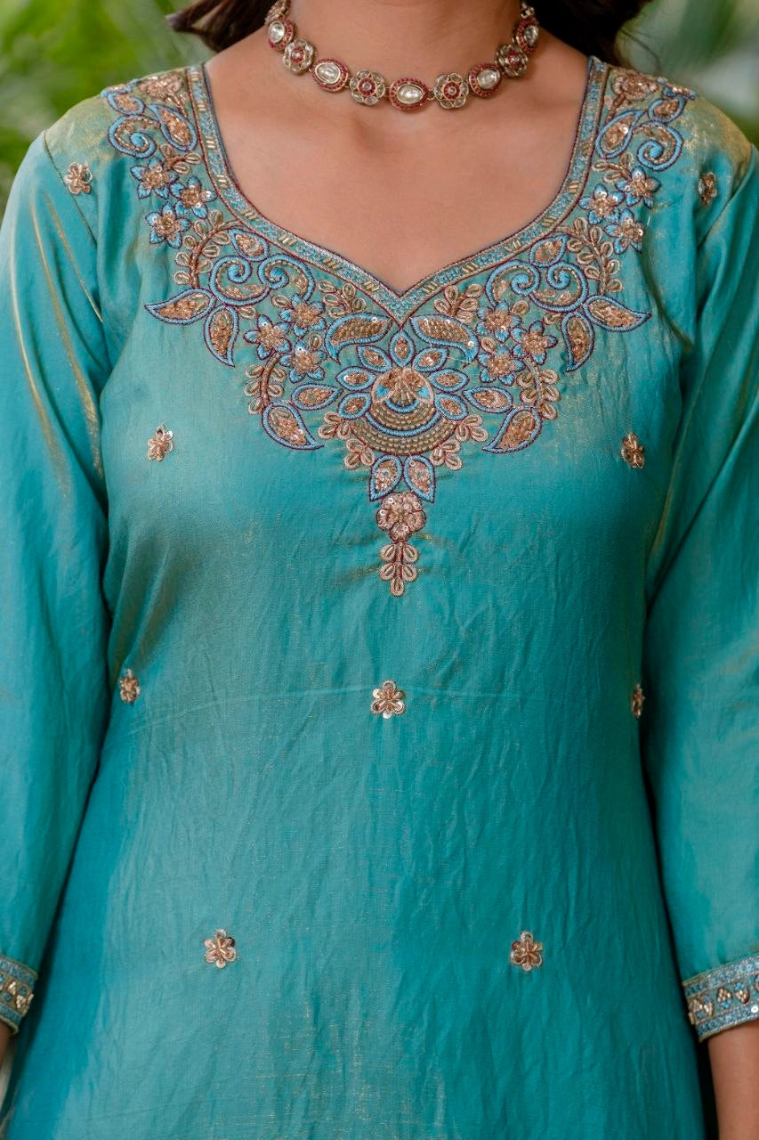 Sea Green Beads Work Suit mannequin or detail shot 10 – Kalyanja KU296