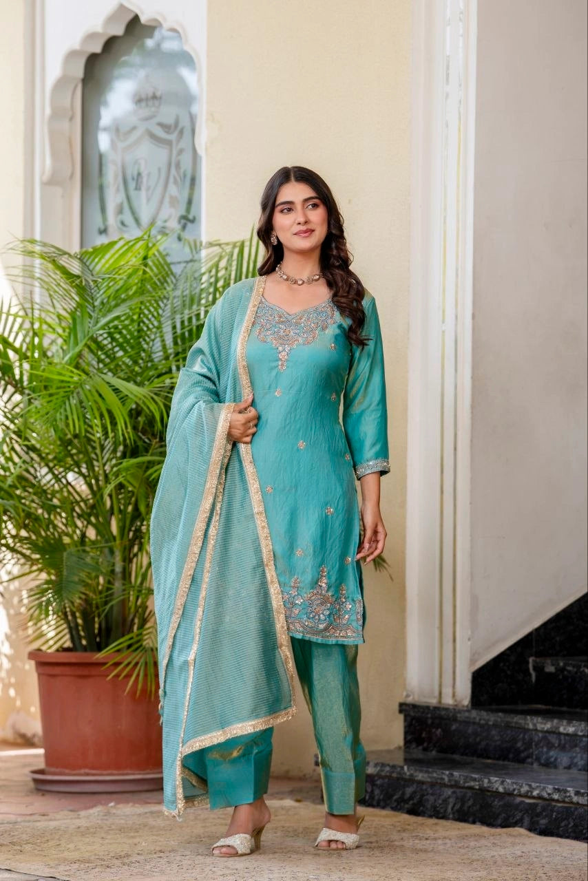 Sea Green Beads Work Suit shot 11 – Kalyanja KU296