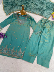 Sea Green Beads Work Suit flat lay full set – Kalyanja KU296