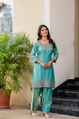 Sea Green Beads Work Suit front full-length model smiling – Kalyanja KU296