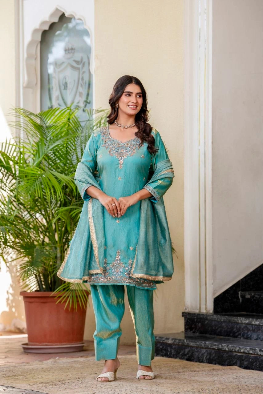 Sea Green Beads Work Suit full-length side angle model – Kalyanja KU296