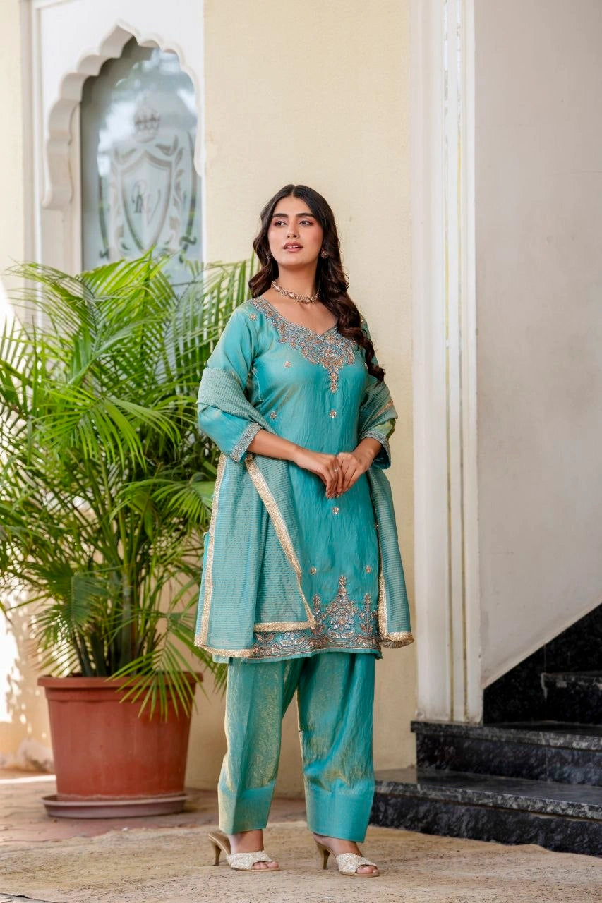 Sea Green Beads Work Suit model shot 5 – Kalyanja KU296