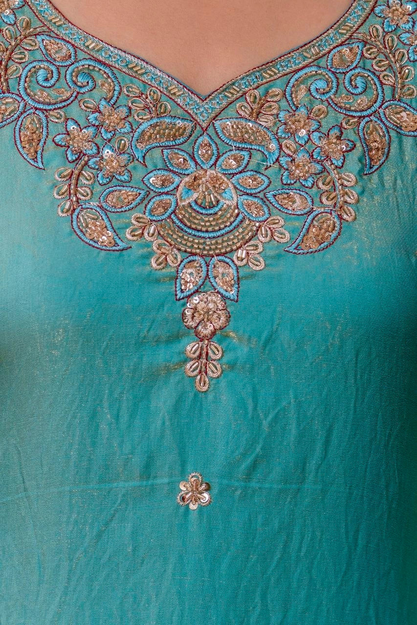 Sea Green Beads Work Suit model shot 6 – Kalyanja KU296