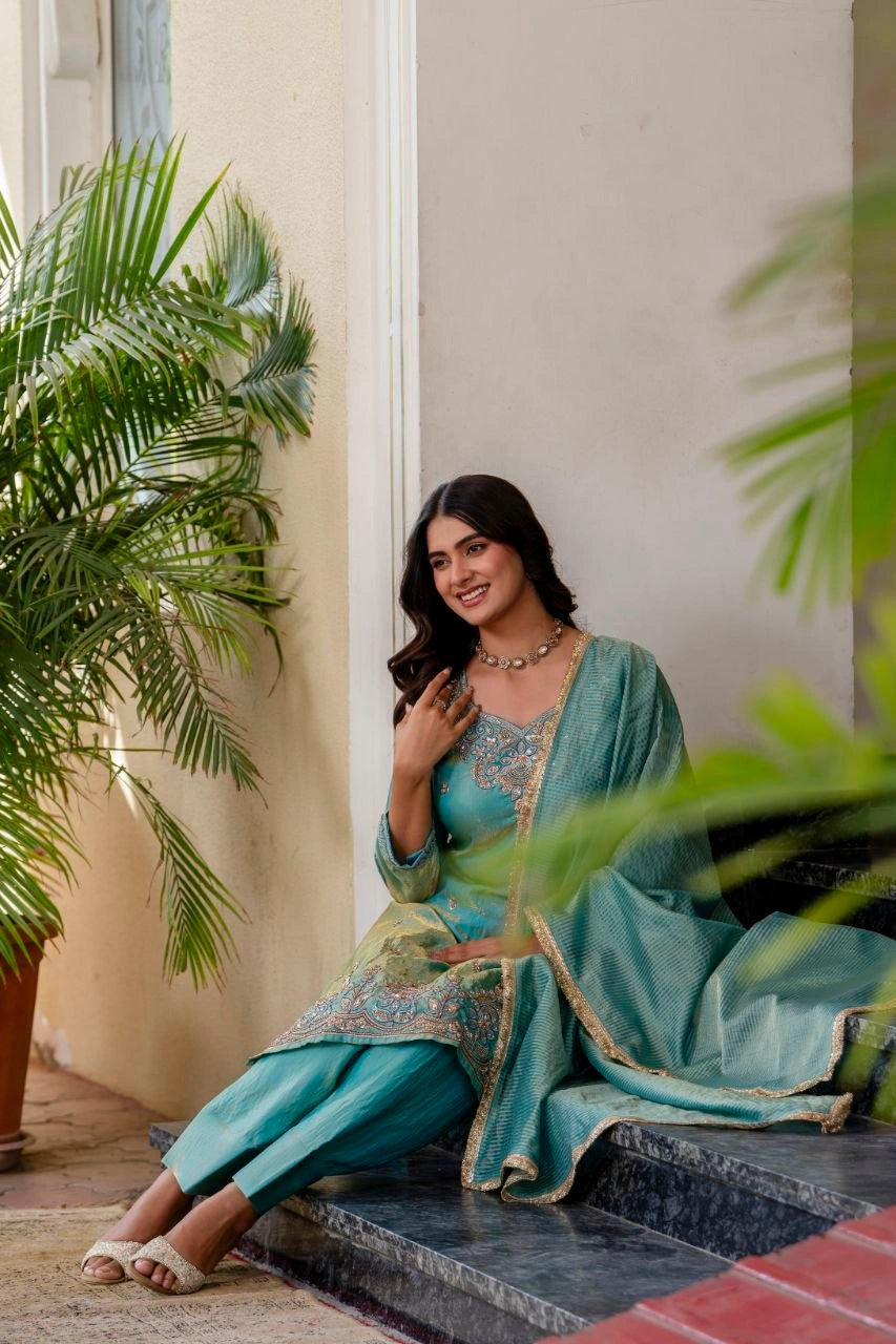 Sea Green Beads Work Suit model shot 7 – Kalyanja KU296