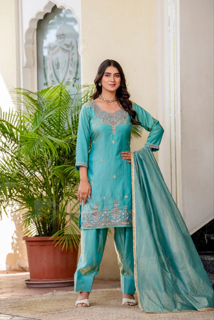 Sea Green Beads Work Suit model shot 8 – Kalyanja KU296