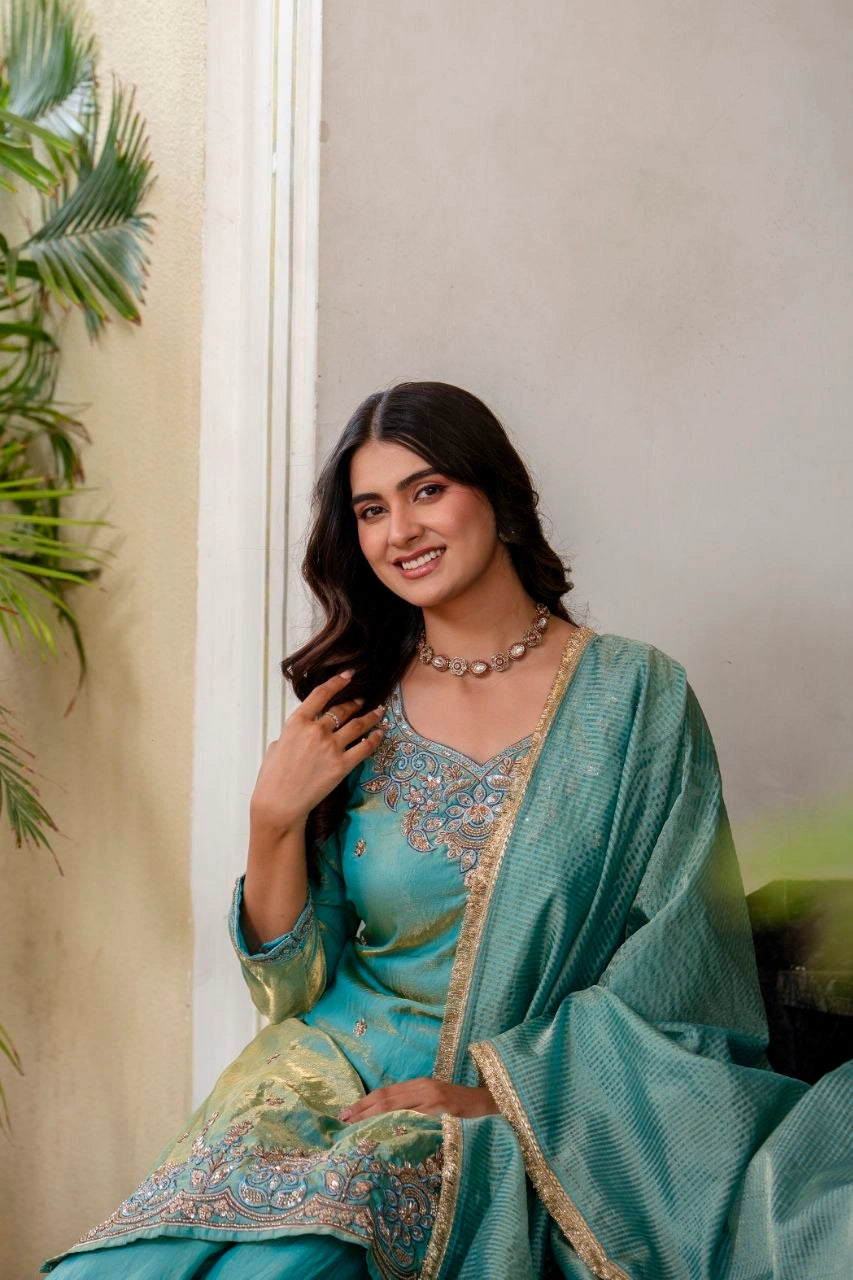Sea Green Beads Work Suit model shot 9 – Kalyanja KU296