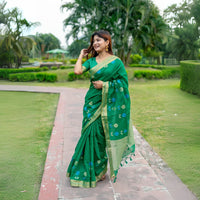 Sea Green Zari Work Linen Silk Saree