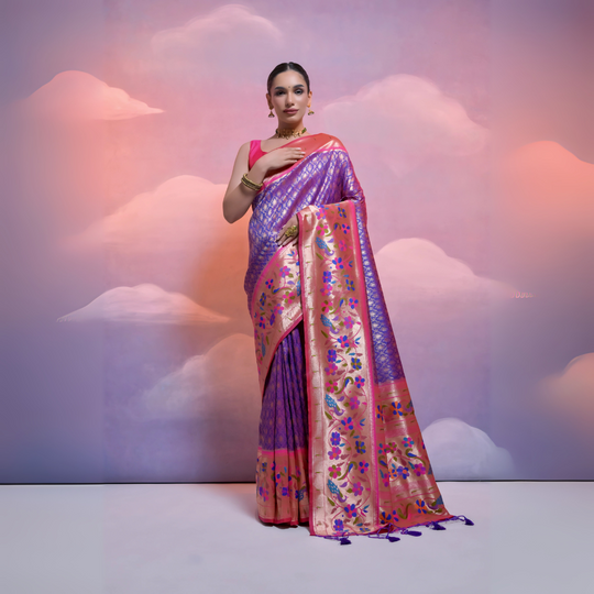 A woman models a magnificent Dual-Toned Purple and Rose Gold Soft Banarasi Silk Saree. The saree features a wide, vibrant Fuchsia Pink border and pallu with dense, colorful peacock and floral Kanjivaram-style weaving. She wears a contrasting pink sleeveless blouse and a heavy gold Kundan choker necklace.