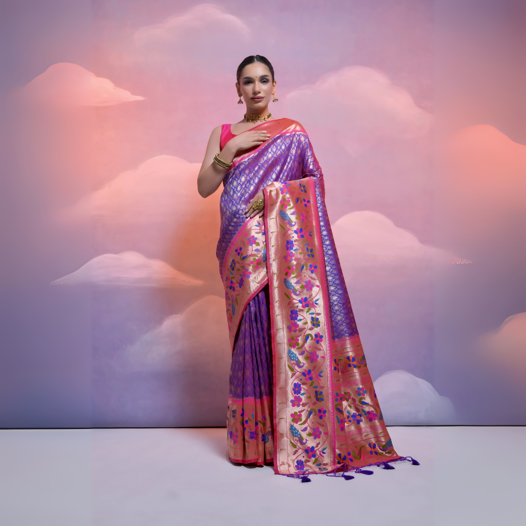 A woman models a magnificent Dual-Toned Purple and Rose Gold Soft Banarasi Silk Saree. The saree features a wide, vibrant Fuchsia Pink border and pallu with dense, colorful peacock and floral Kanjivaram-style weaving. She wears a contrasting pink sleeveless blouse and a heavy gold Kundan choker necklace.