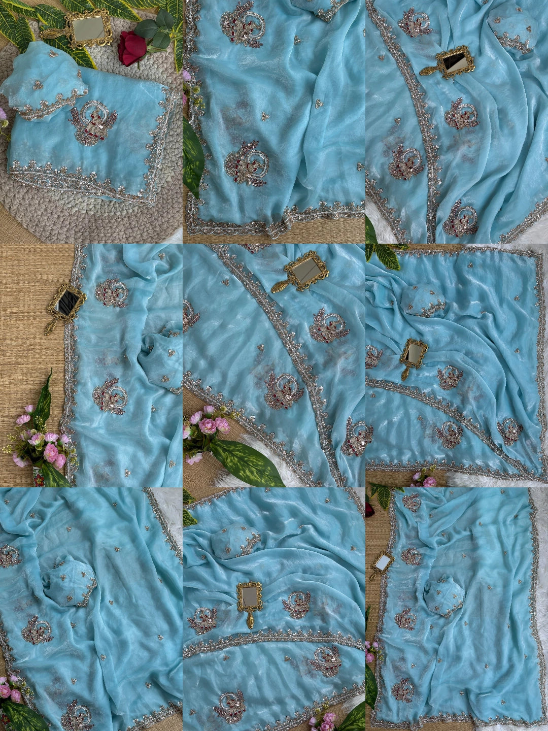 Sky Blue Beads Cutdana Work Saree Fendy Satin KS412 – all views