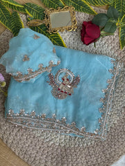 Sky Blue Beads Cutdana Work Saree Fendy Satin KS412 – blouse and saree