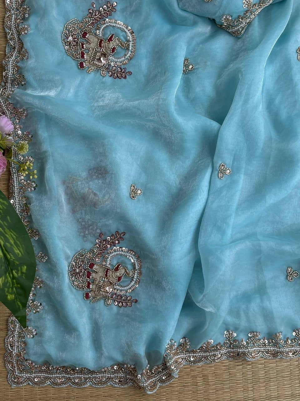 Sky Blue Beads Cutdana Work Saree Fendy Satin KS412 – view 1