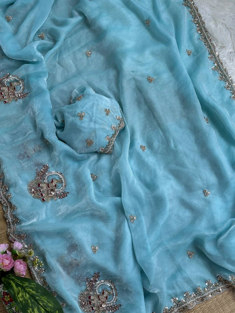 Sky Blue Beads Cutdana Work Saree Fendy Satin KS412 – view 2