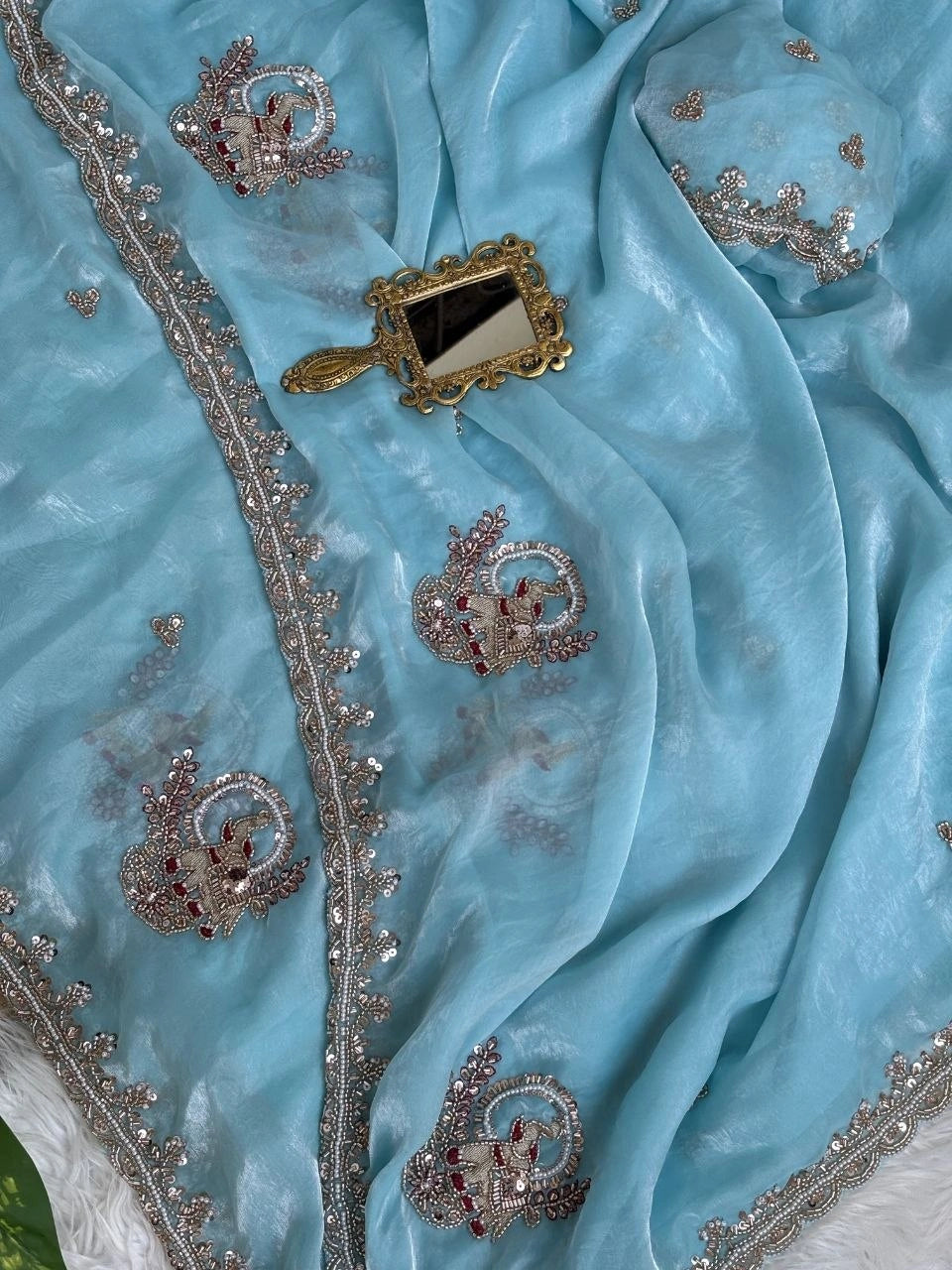 Sky Blue Beads Cutdana Work Saree Fendy Satin KS412 – view 3